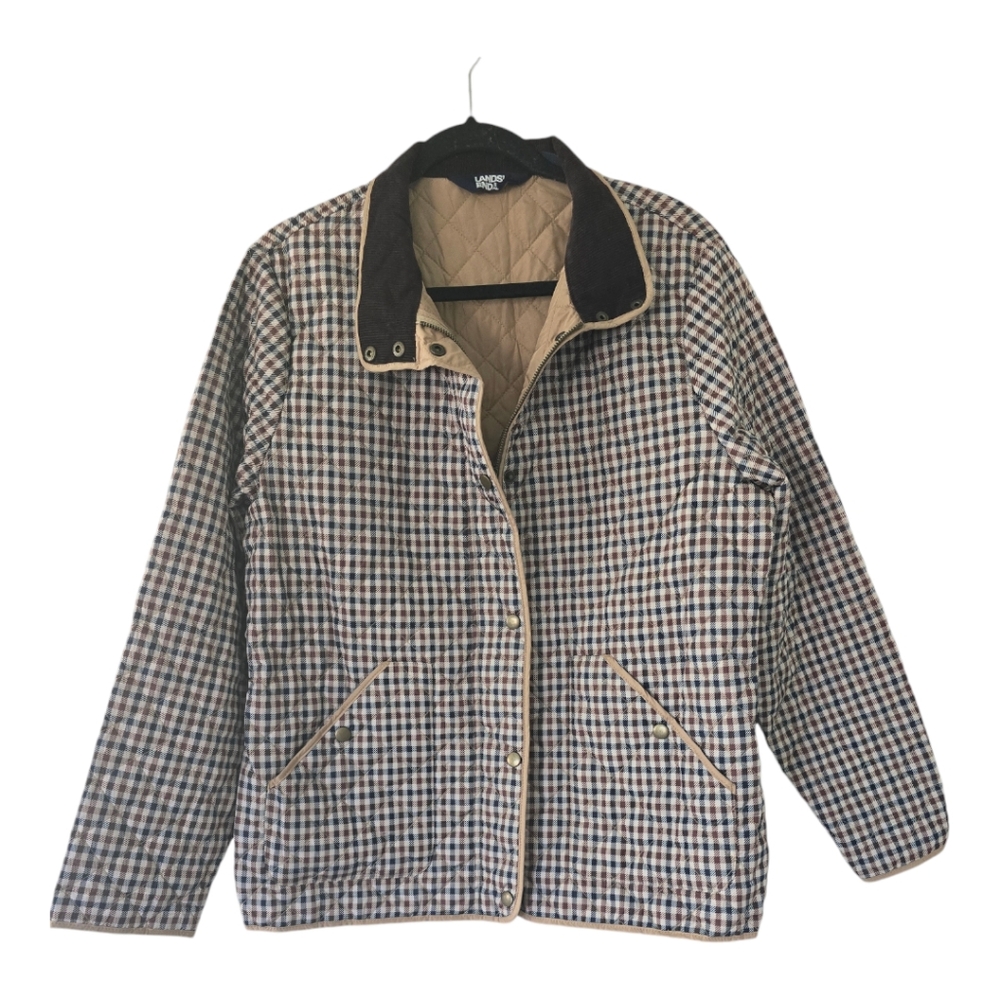 Lands' End Jacket Women Sz L Quilted Plaid BrownBlue Packable Lined Pockets Fall